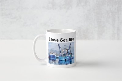 mug I love sea life with pen drawing by Jojo Navarro