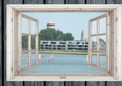 Garden poster with a view of Spuikom, water tower of Bredene and St.-Rikier church