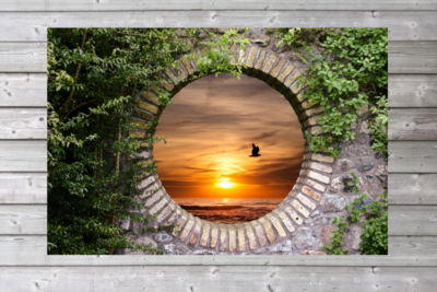 Tuinposter - Doorkijk   -zonsondergang op zee - ondergaande zon - Schutting Decoratie - Tuinschilderij- Tuindoek