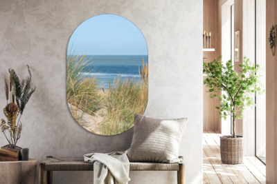 Wandoval - Kunststoff Wanddekoration - Ovale Malerei - Dünengras - Meer - Strand - Souvenirs aus dem Meer - Ovale Spiegelform auf Kunststoff