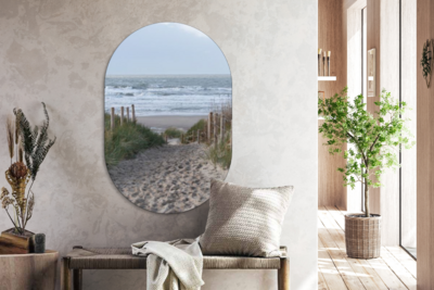 Muurovaal - Kunststof Wanddecoratie - Ovale Schilderij - Zand - Strand - Duin - Zee - Zomer - Ovale spiegel vorm op kunststof