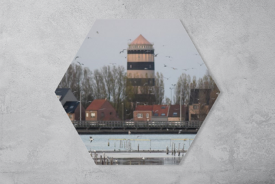 Bredene - PVC Schuimplaat Hexagon - watertoren van Bredene -  Foto op Hexagon (Met Ophangsysteem)
