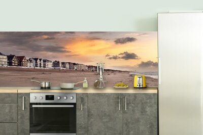 De Haan - Papel pintado de la pared trasera de la cocina - Repelente al agua - malecón - playa - nubes - Decoración de la pared de la cocina