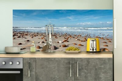 Papier peint mur arrière cuisine - Hydrofuge - Vue sur la plage, les coquillages et la mer - Mur cuisine - Décoration - Souvenirs from the sea