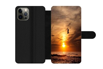 Mobile phone case with card holder and with a picture of a sunset at sea. For Apple iPhone brand.