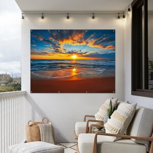Wanddekoration für den Außenbereich Meer - Sonnenuntergang - Strand - Wolken - Orange - Gartentuch - Außenposter