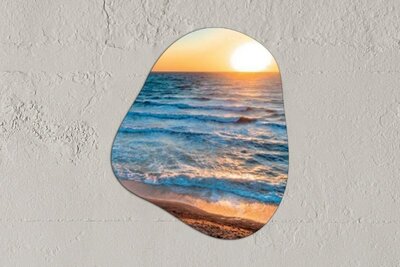 Decoración de pared orgánica - Decoración de pared de plástico - Pintura orgánica - mar - olas - puesta de sol en el mar - Forma de espejo orgá