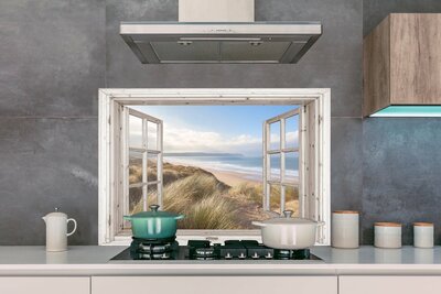 Spatscherm Keuken - Kookplaat Achterwand - Keuken Accessoires - Doorkijk - Strand - Zee - Duinen - Helmgras - Zand - Blauw - Achterwand keuken