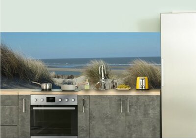 Carta da parati fotografica cucina - Carta da parati per parete posteriore della cucina - Idrorepellente - dune - erba - spiaggia - mare - Pare