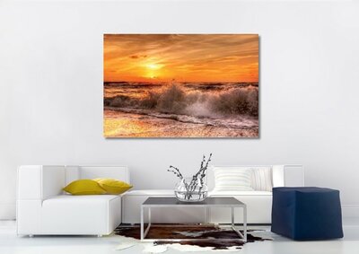 Muurdecoratie - Schilderij zonsondergang op zee - Schilderij natuur - Print op canvas - Schilderij zon - Water - Slaapkamer wanddecoratie - woo